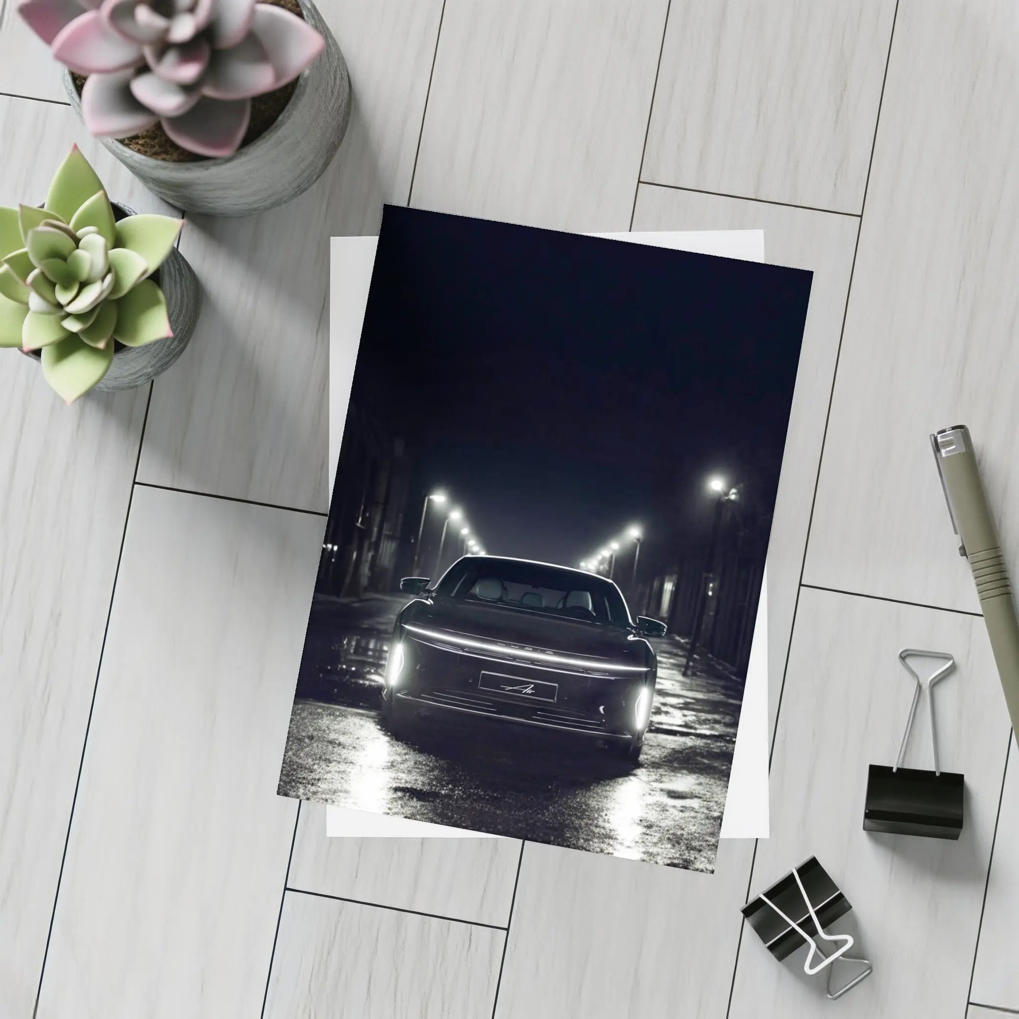 Lucid Air Rear View Dark Rainy Street – Postcards