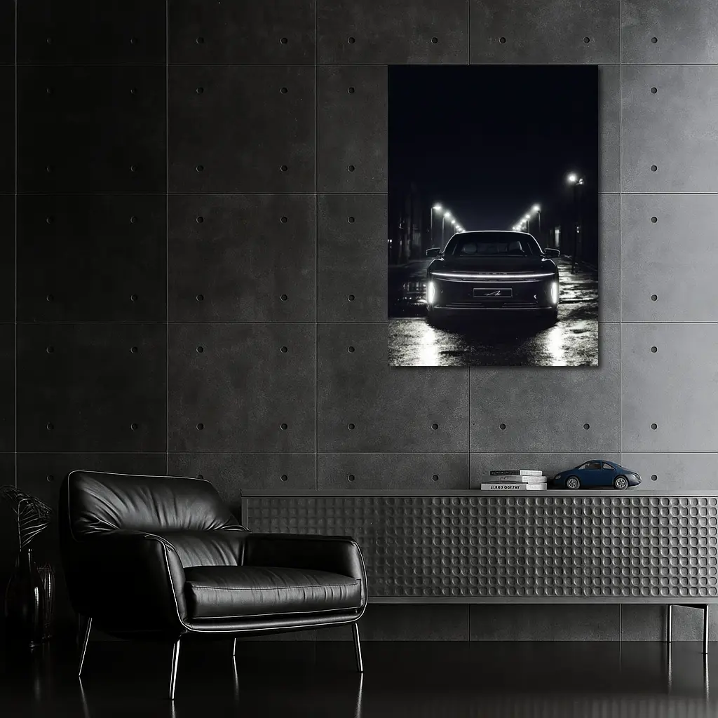 Lucid Air Rear View Dark Rainy Street – Wall Art