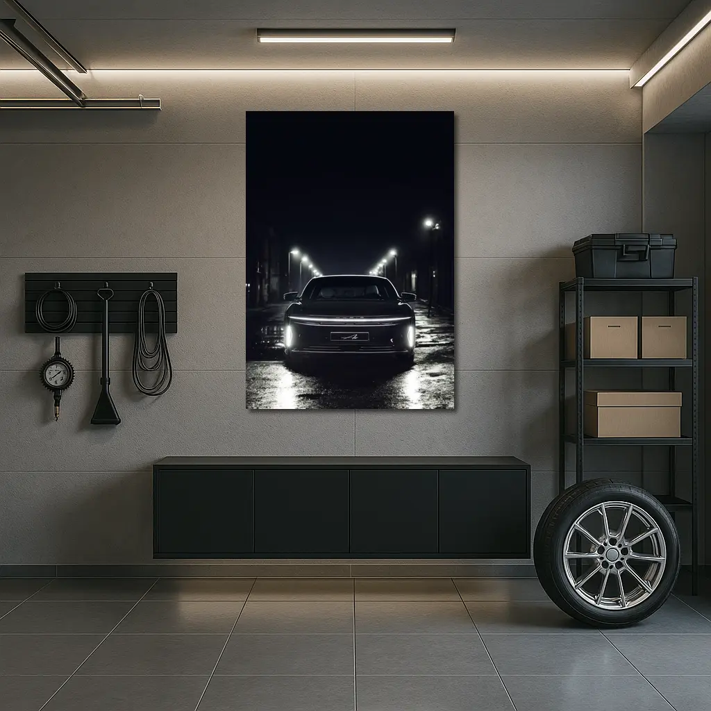 Lucid Air Rear View Dark Rainy Street – Wall Art