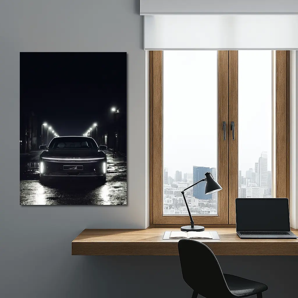 Lucid Air Rear View Dark Rainy Street – Wall Art