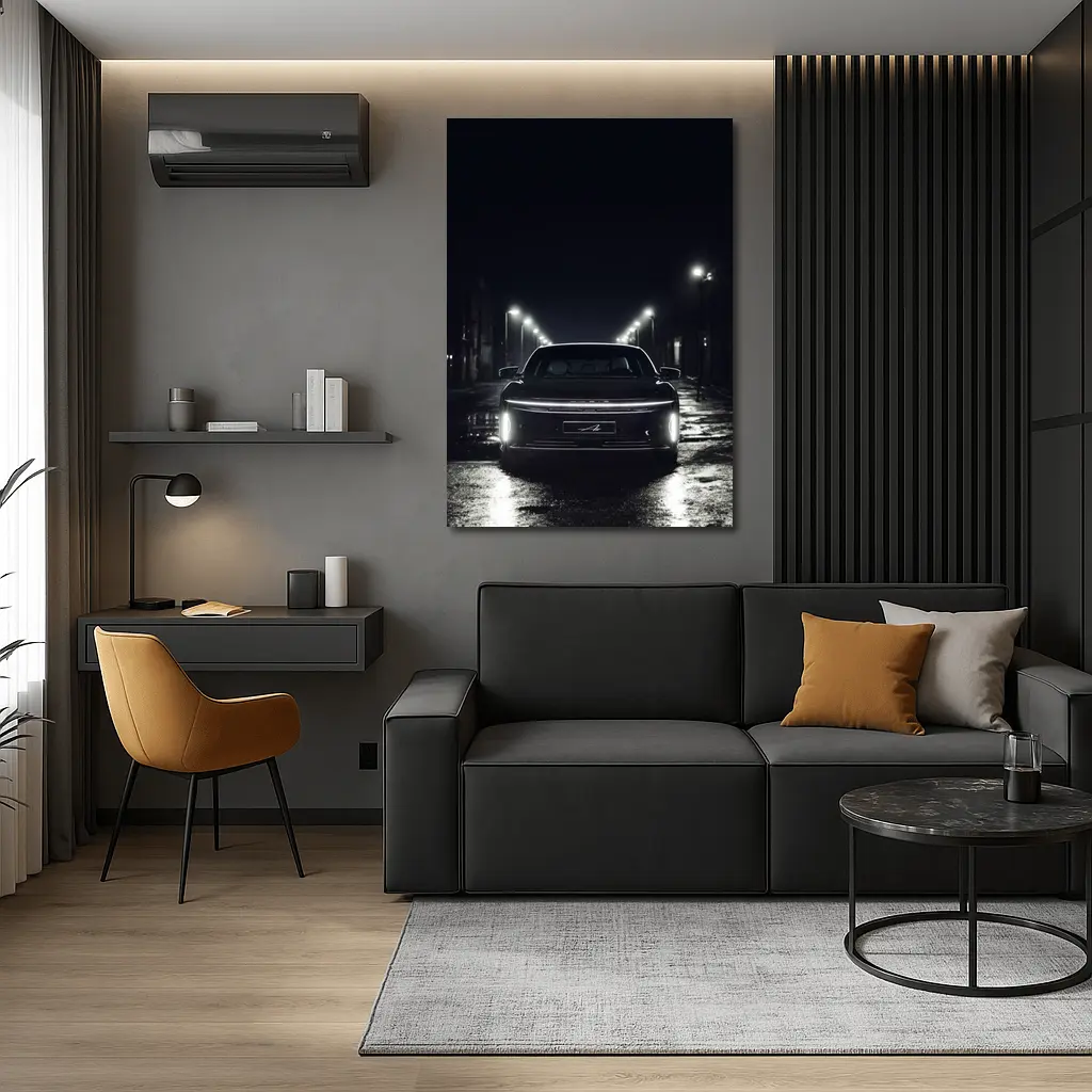 Lucid Air Rear View Dark Rainy Street – Wall Art