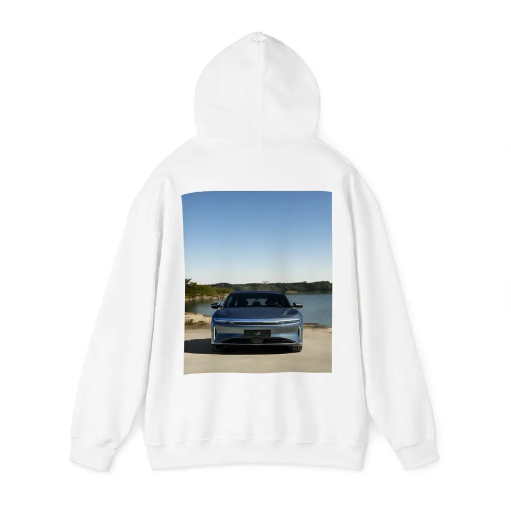 Lucid Air Pure Parked Near Calm Lake – Hoodies