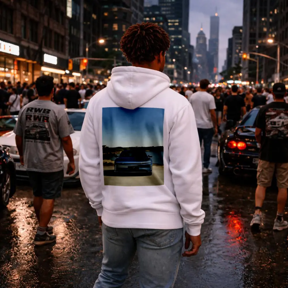 Lucid Air Pure Parked Near Calm Lake – Hoodies