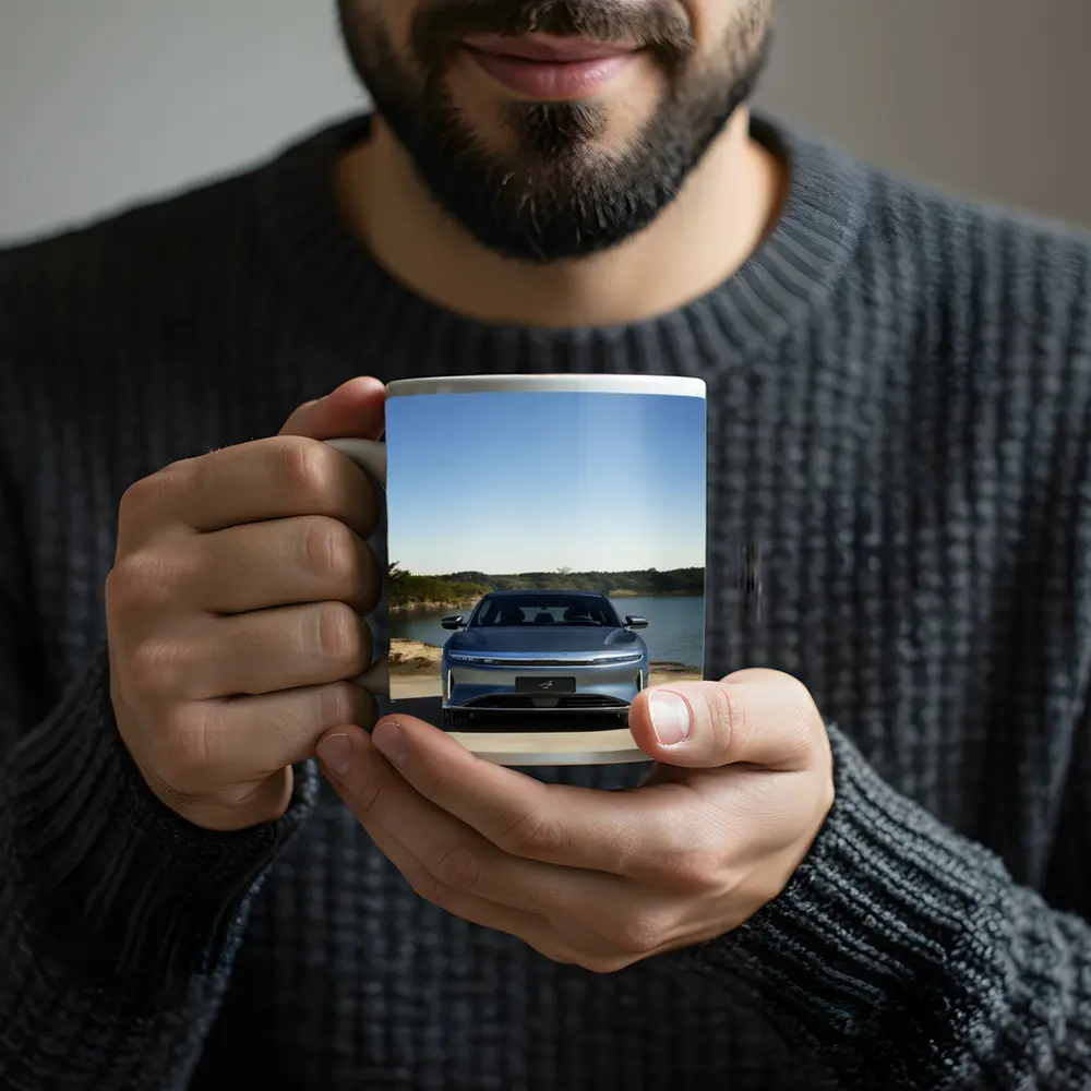 Lucid Air Pure Parked Near Calm Lake – Mugs