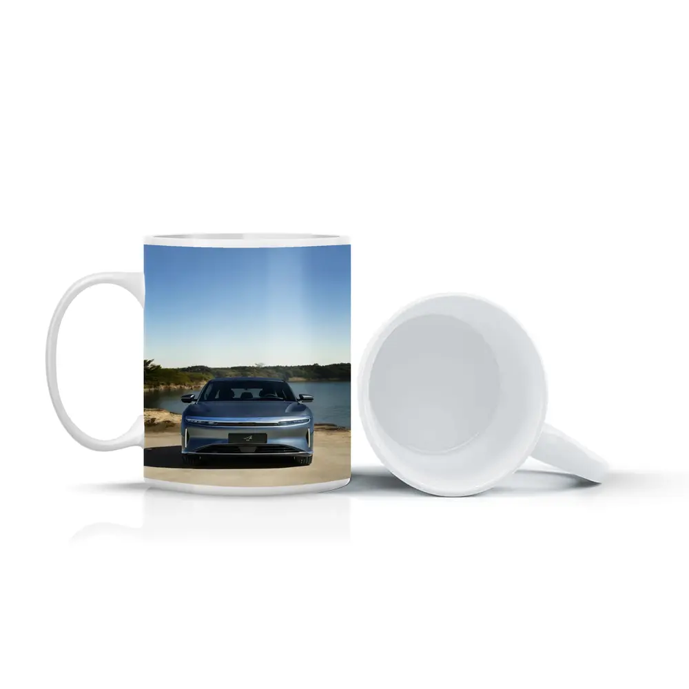 Lucid Air Pure Parked Near Calm Lake – Mugs