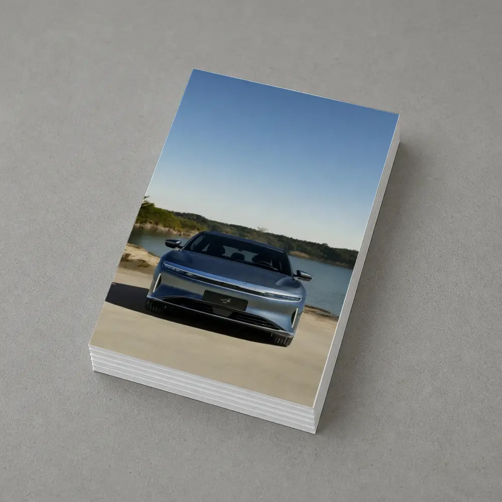 Lucid Air Pure Parked Near Calm Lake – Postcards