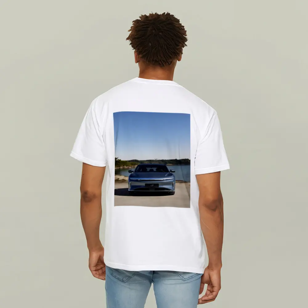 Lucid Air Pure Parked Near Calm Lake – T-Shirts