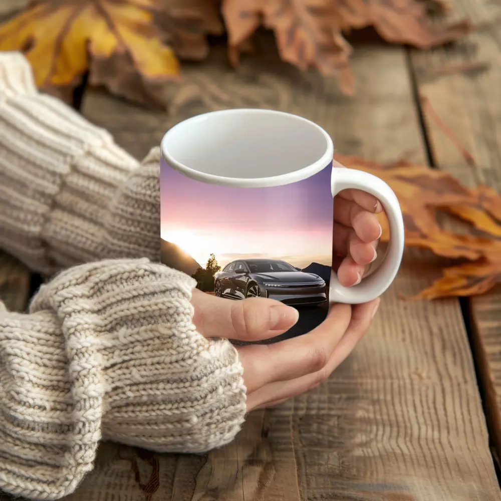Lucid Air Parked Before Mountain Sunset – Mugs