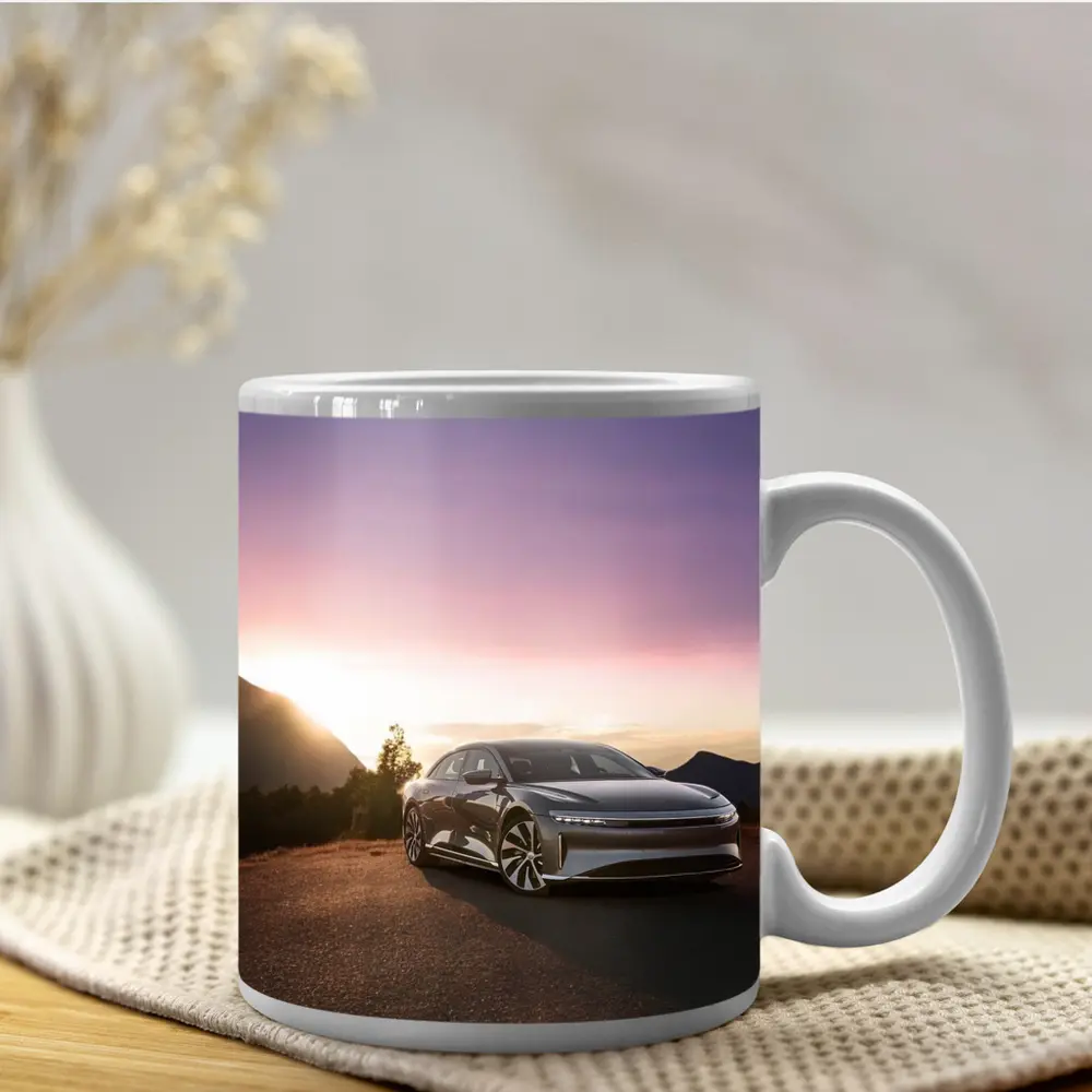 Lucid Air Parked Before Mountain Sunset – Mugs