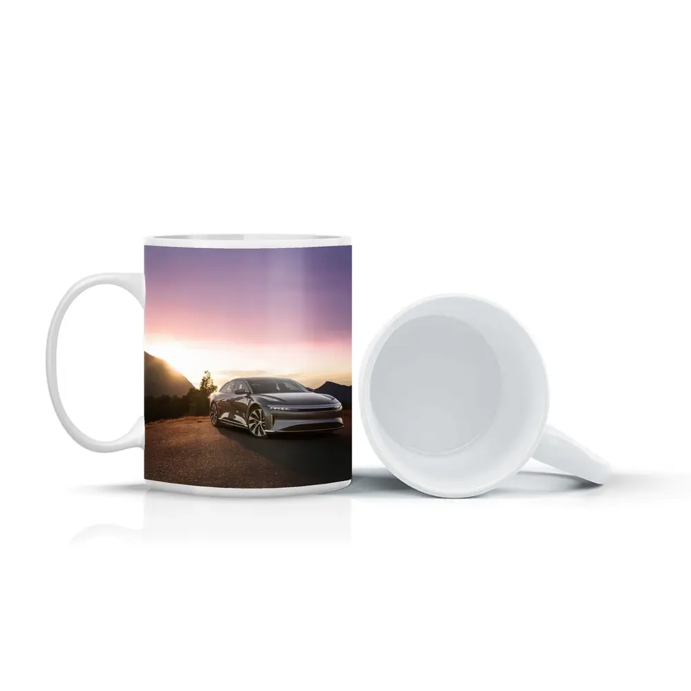 Lucid Air Parked Before Mountain Sunset – Mugs