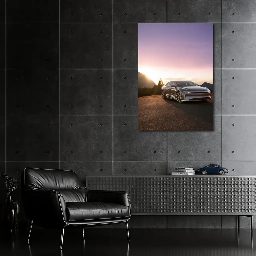 Lucid Air Parked Before Mountain Sunset – Wall Art