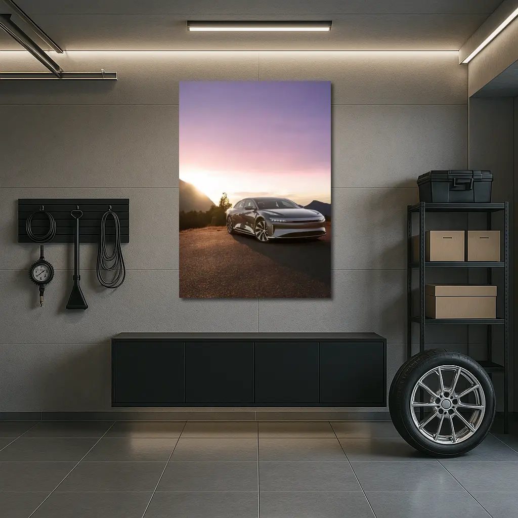 Lucid Air Parked Before Mountain Sunset – Wall Art