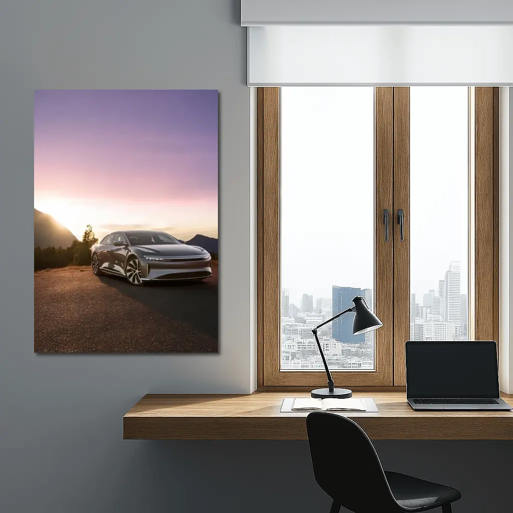 Lucid Air Parked Before Mountain Sunset – Wall Art