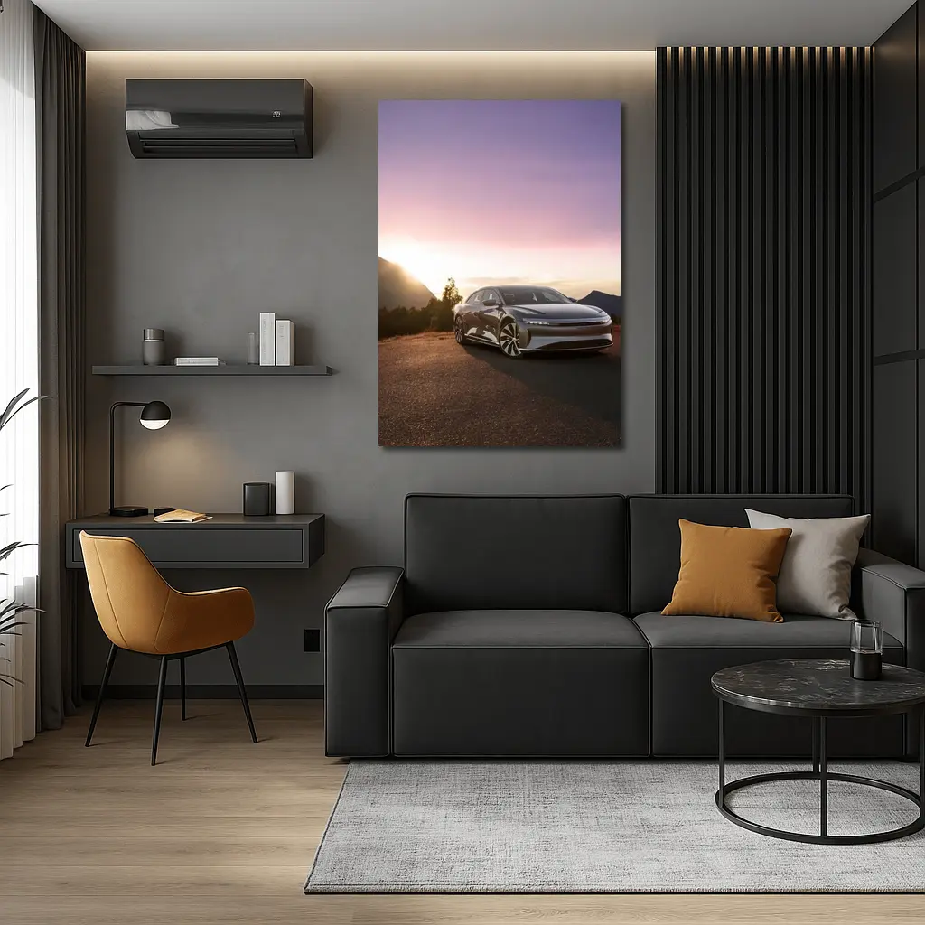 Lucid Air Parked Before Mountain Sunset – Wall Art