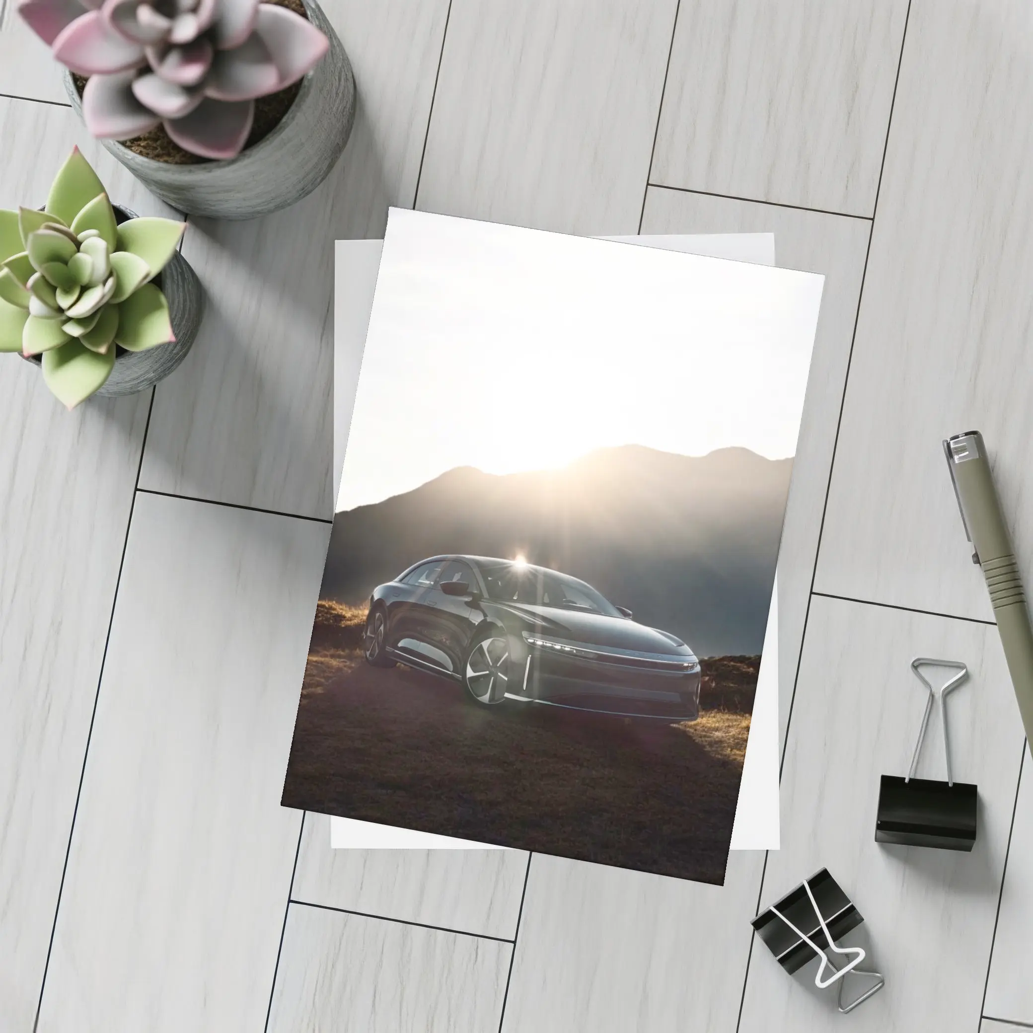 Lucid Air Sedan Sun Flare Mountain Backdrop – Postcards