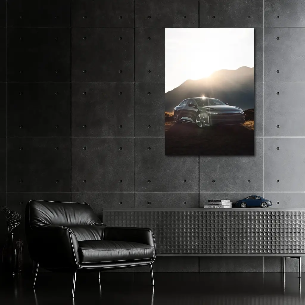 Lucid Air Sedan Sun Flare Mountain Backdrop – Wall Art