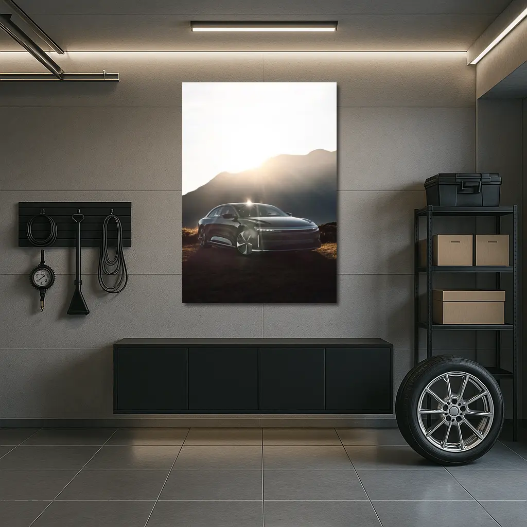 Lucid Air Sedan Sun Flare Mountain Backdrop – Wall Art