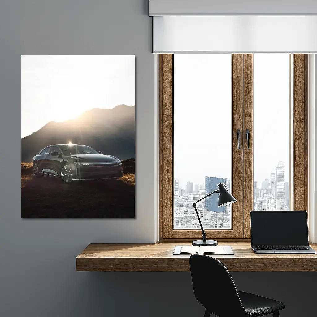 Lucid Air Sedan Sun Flare Mountain Backdrop – Wall Art
