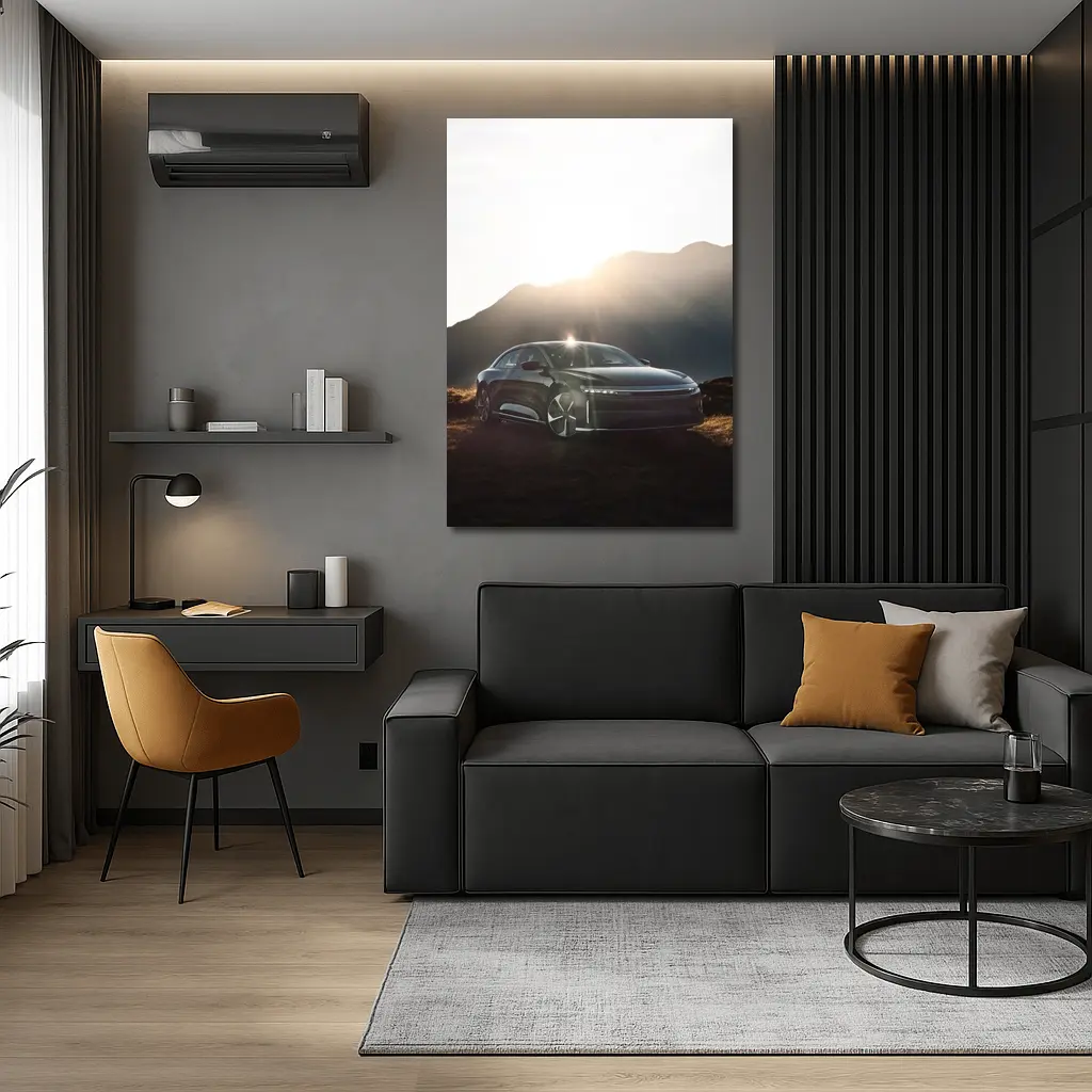 Lucid Air Sedan Sun Flare Mountain Backdrop – Wall Art