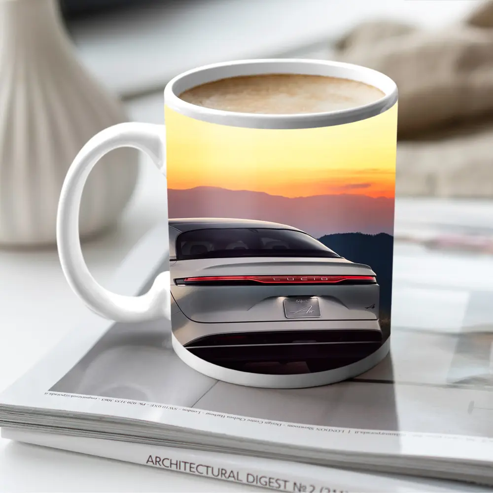 Lucid Air Rear View Sunset Mountains – Mugs