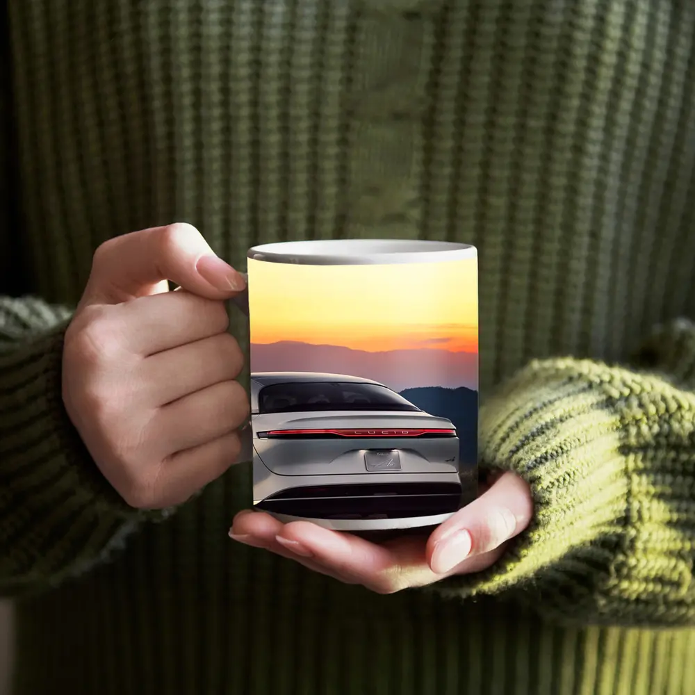 Lucid Air Rear View Sunset Mountains – Mugs
