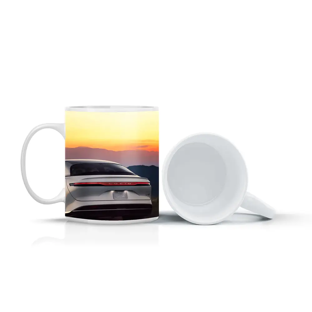 Lucid Air Rear View Sunset Mountains – Mugs