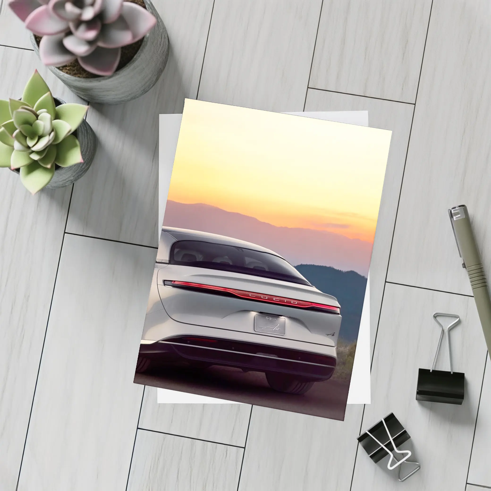 Lucid Air Rear View Sunset Mountains – Postcards