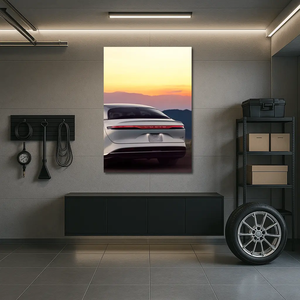 Lucid Air Rear View Sunset Mountains – Wall Art