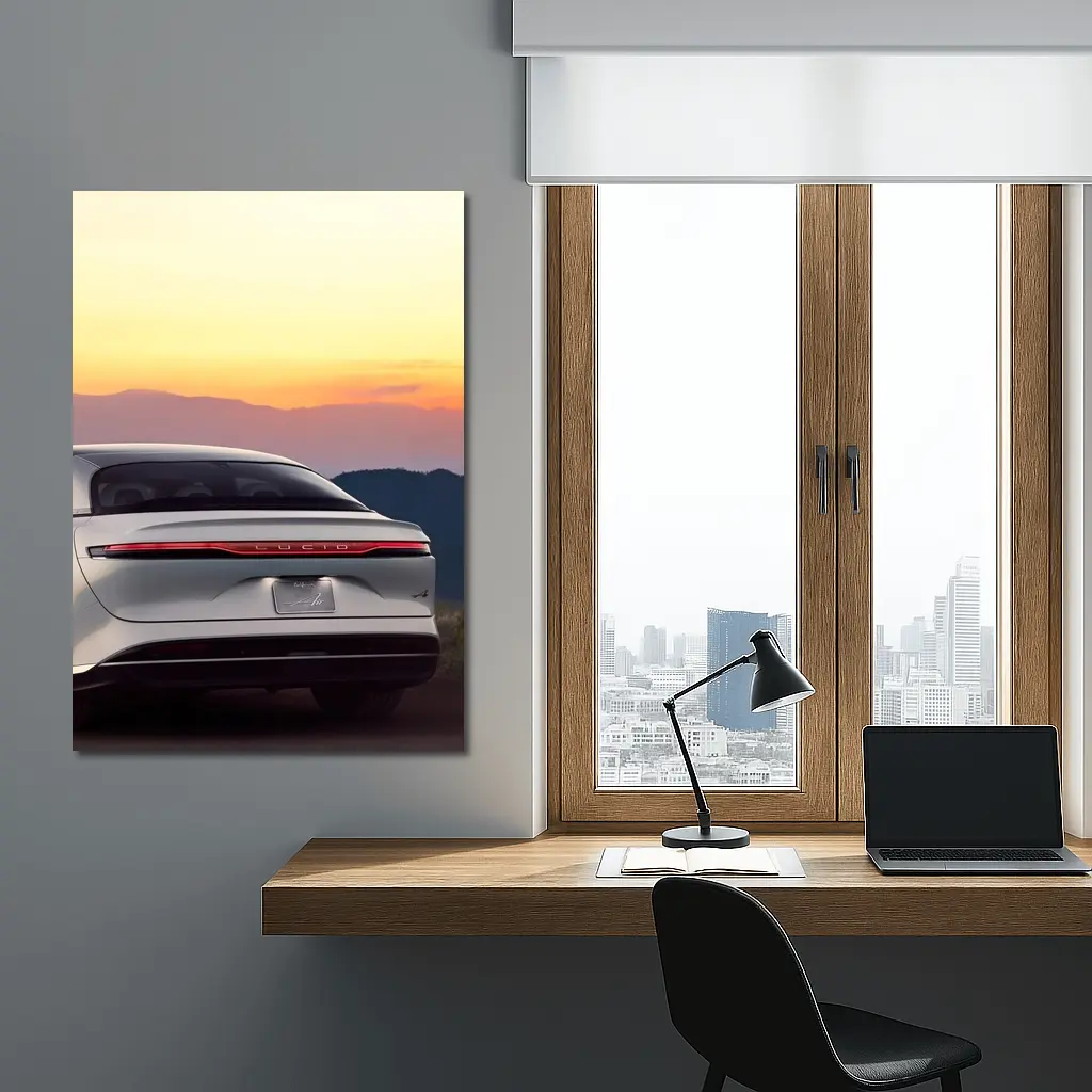 Lucid Air Rear View Sunset Mountains – Wall Art