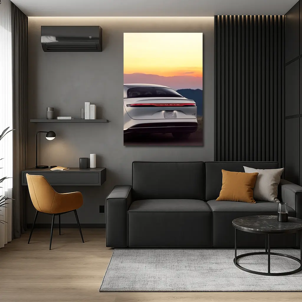 Lucid Air Rear View Sunset Mountains – Wall Art