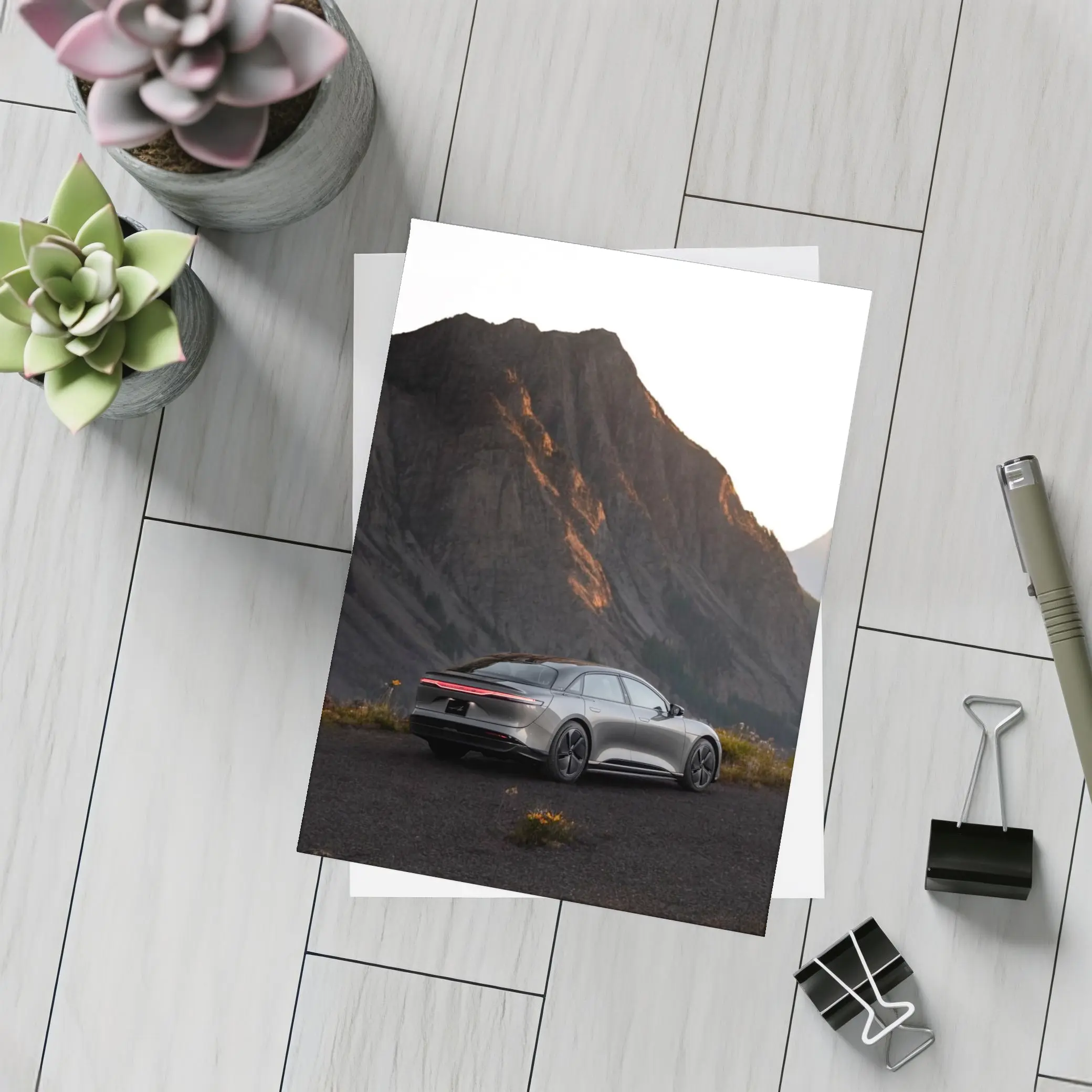 Lucid Air Silver Sedan Mountain Dusk – Postcards