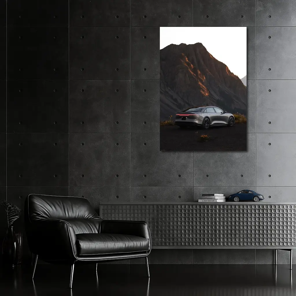 Lucid Air Silver Sedan Mountain Dusk – Wall Art