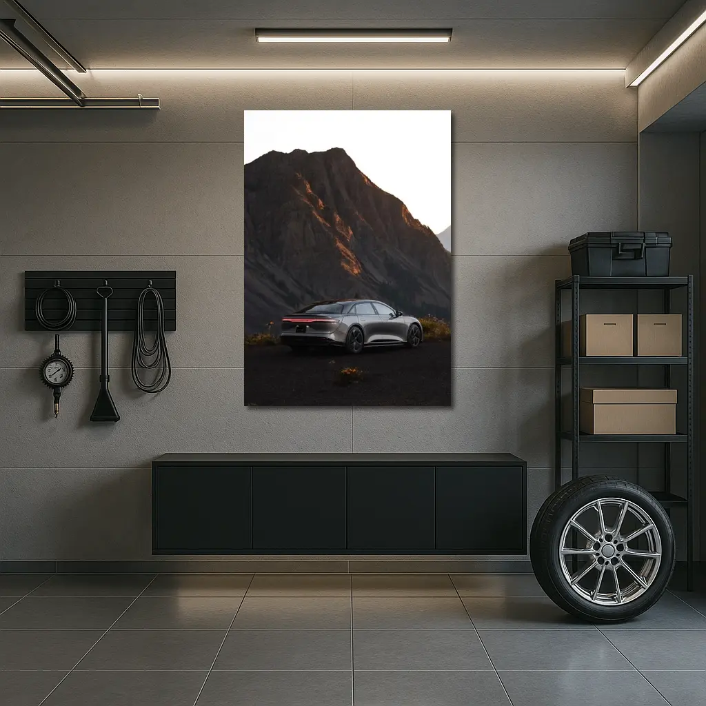 Lucid Air Silver Sedan Mountain Dusk – Wall Art