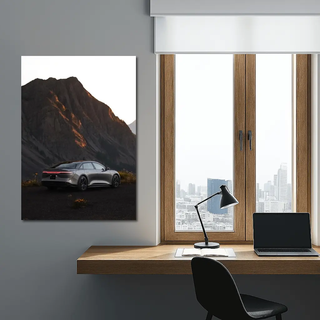 Lucid Air Silver Sedan Mountain Dusk – Wall Art