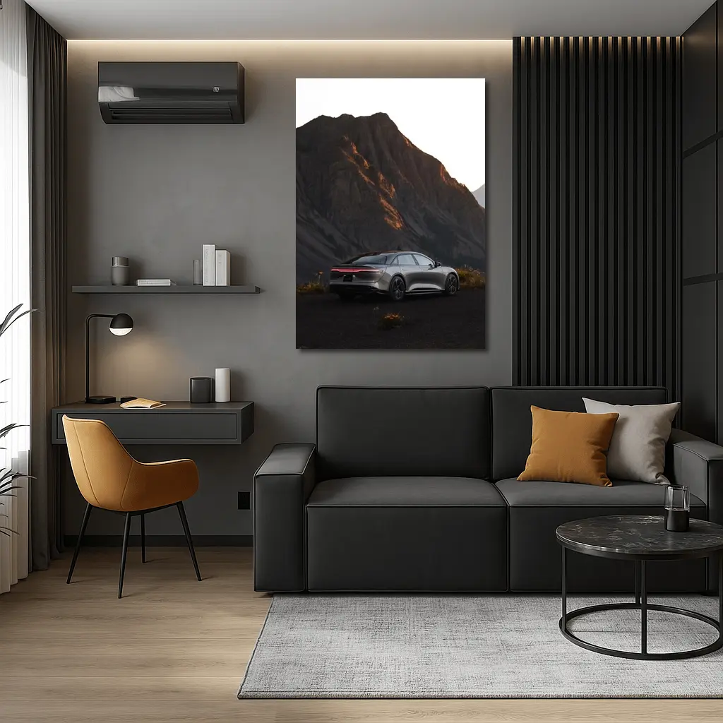 Lucid Air Silver Sedan Mountain Dusk – Wall Art