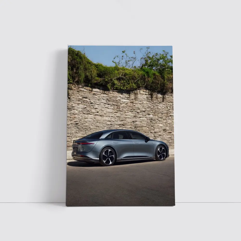 Lucid Air Sedan Parked By Stone Wall – Wall Art