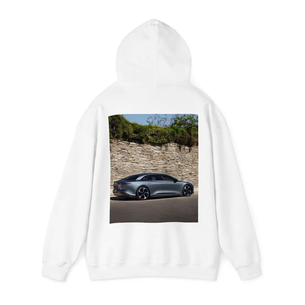 Lucid Air Sedan Parked By Stone Wall – Hoodies