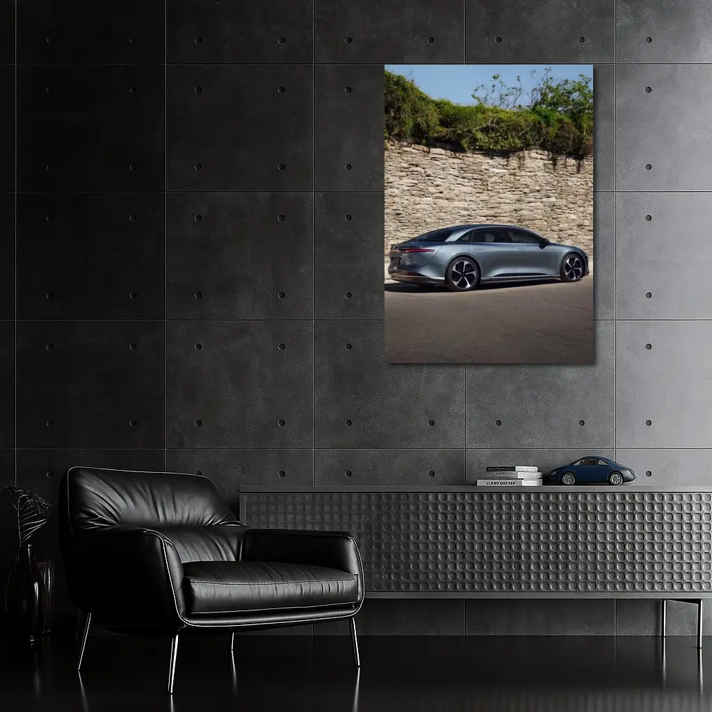 Lucid Air Sedan Parked By Stone Wall – Wall Art