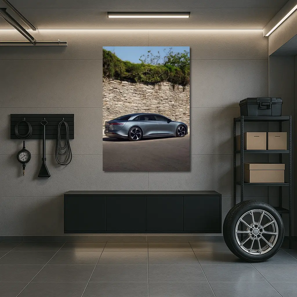 Lucid Air Sedan Parked By Stone Wall – Wall Art