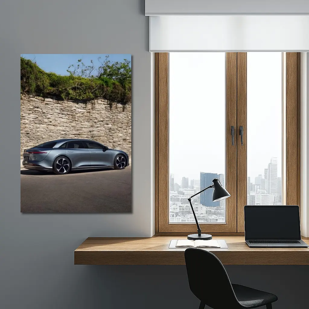 Lucid Air Sedan Parked By Stone Wall – Wall Art