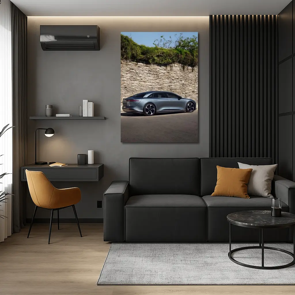 Lucid Air Sedan Parked By Stone Wall – Wall Art