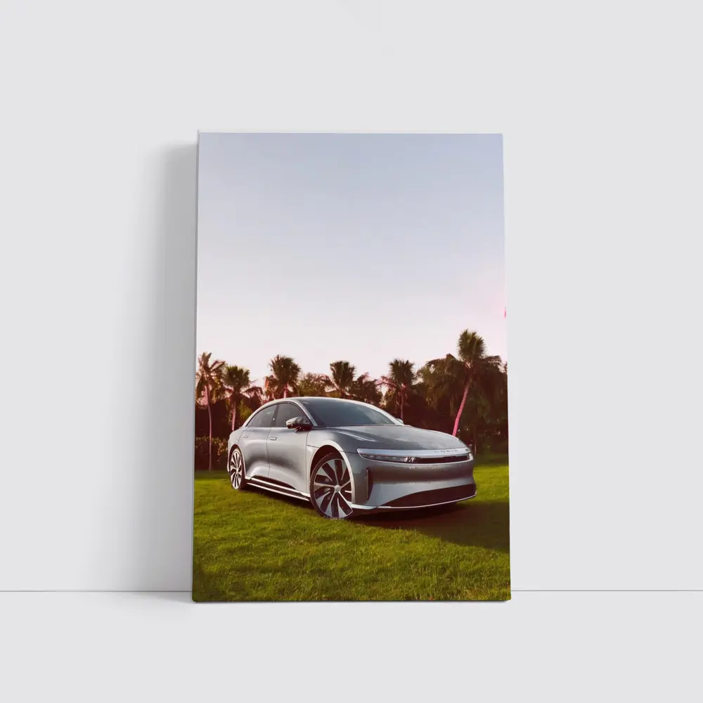 Lucid Air Silver Sedan Palm Trees Background – Wall Art