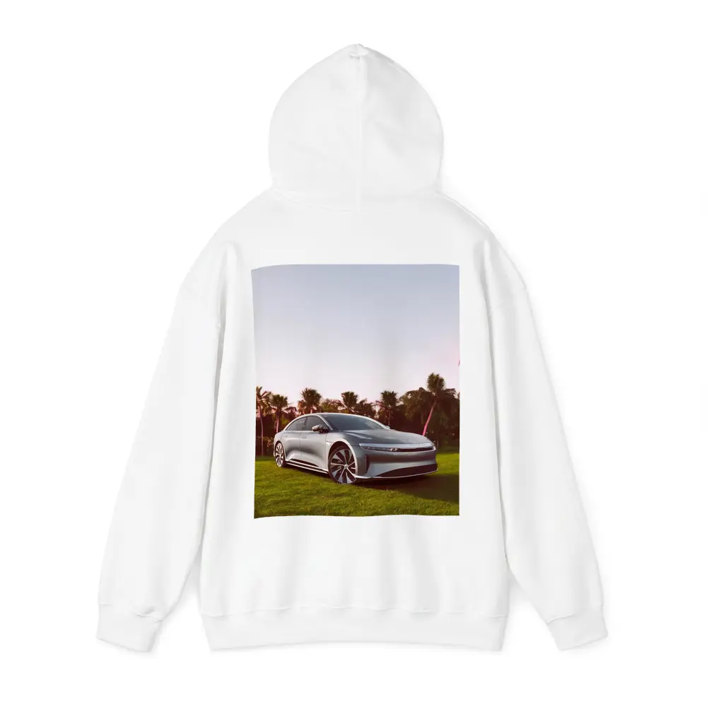 Lucid Air Silver Sedan Palm Trees Background – Hoodies