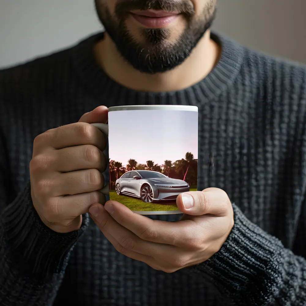 Lucid Air Silver Sedan Palm Trees Background – Mugs