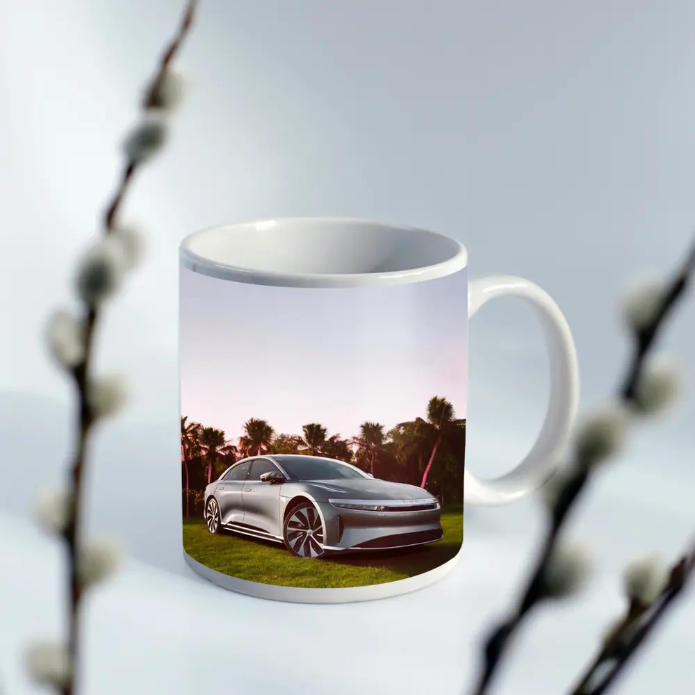 Lucid Air Silver Sedan Palm Trees Background – Mugs