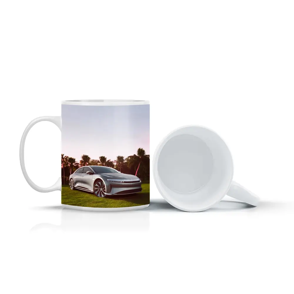 Lucid Air Silver Sedan Palm Trees Background – Mugs