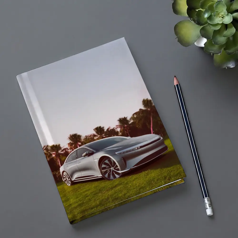 Lucid Air Silver Sedan Palm Trees Background – Notebooks