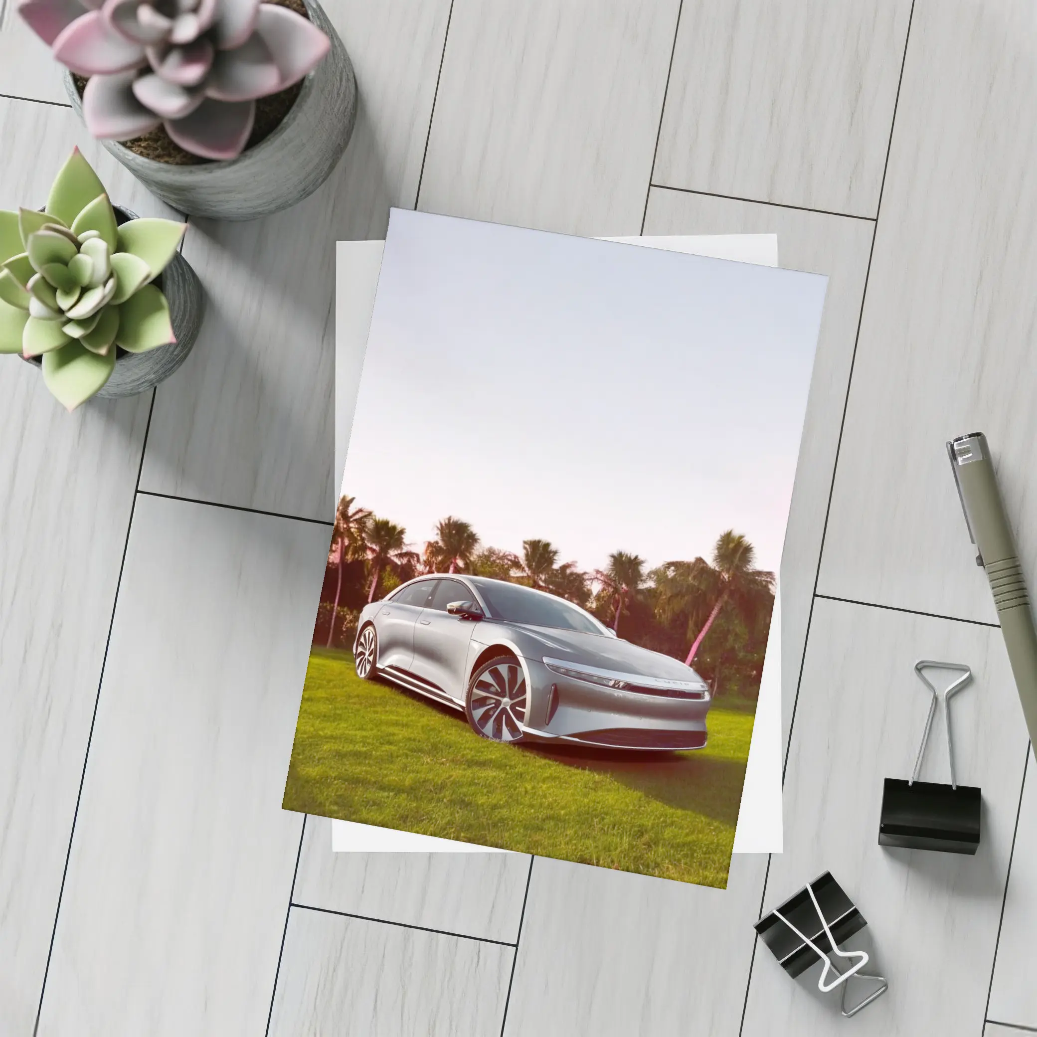 Lucid Air Silver Sedan Palm Trees Background – Postcards