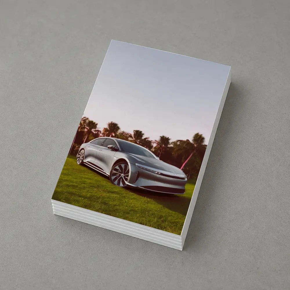 Lucid Air Silver Sedan Palm Trees Background – Postcards