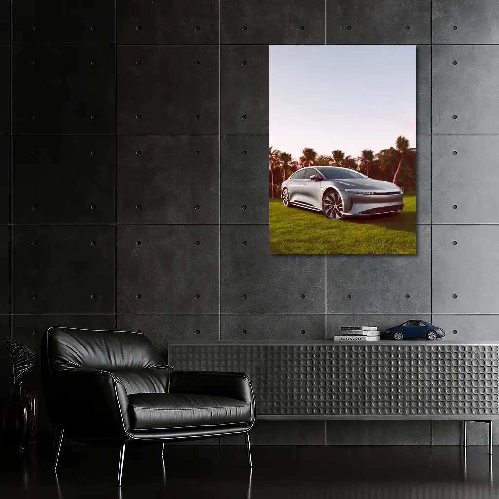 Lucid Air Silver Sedan Palm Trees Background – Wall Art